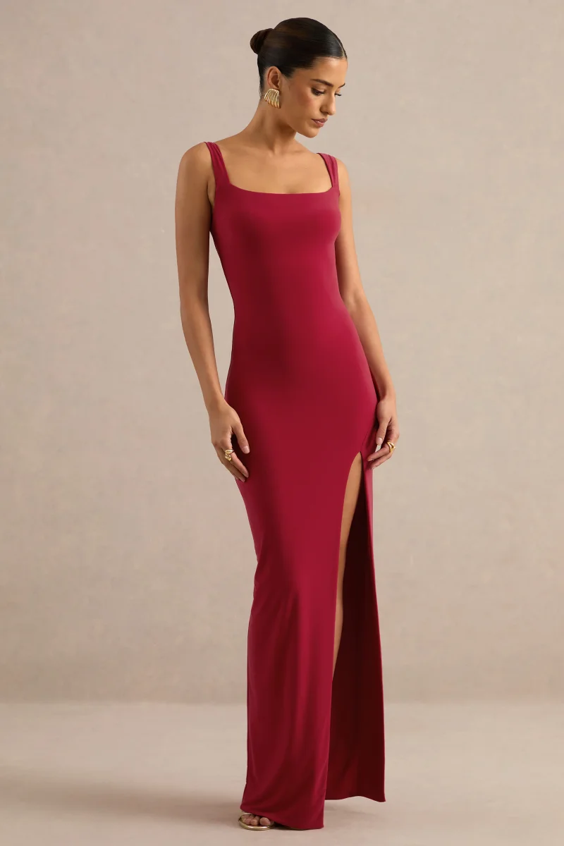Josiane | Vestido Largo Rojo De Cuello Cuadrado Con Abertura Delantera - Imagen 5