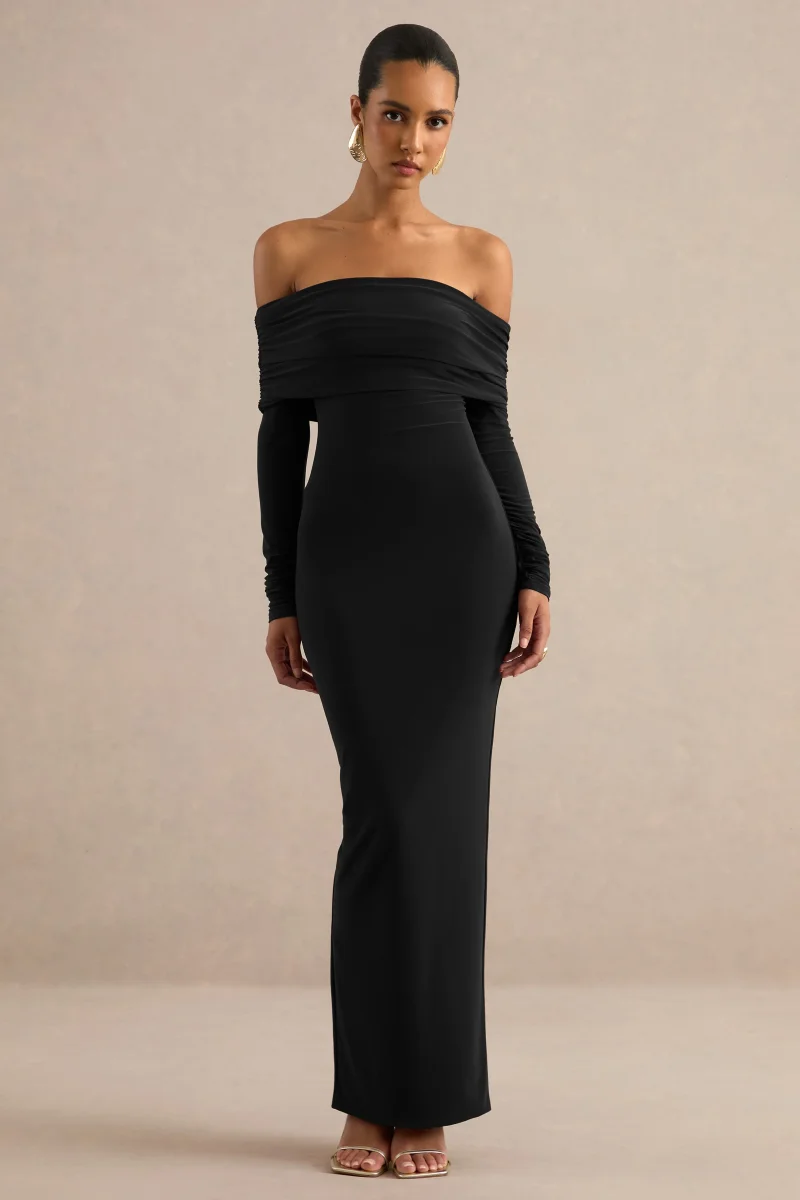 Julissa | Vestido Largo Negro De Escote Bardot Con Detalle De Pañuelo - Imagen 5