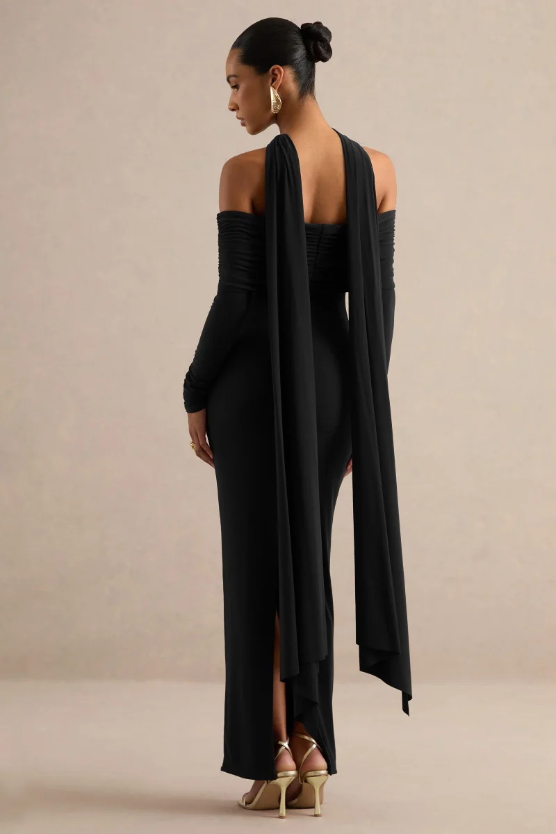Julissa | Vestido Largo Negro De Escote Bardot Con Detalle De Pañuelo - Imagen 3
