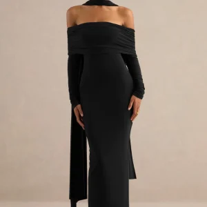 Julissa | Vestido Largo Negro De Escote Bardot Con Detalle De Pañuelo