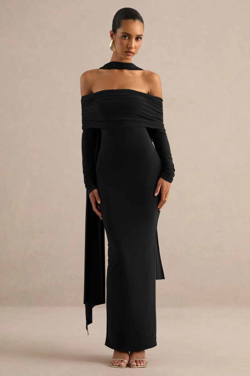 Julissa | Vestido Largo Negro De Escote Bardot Con Detalle De Pañuelo