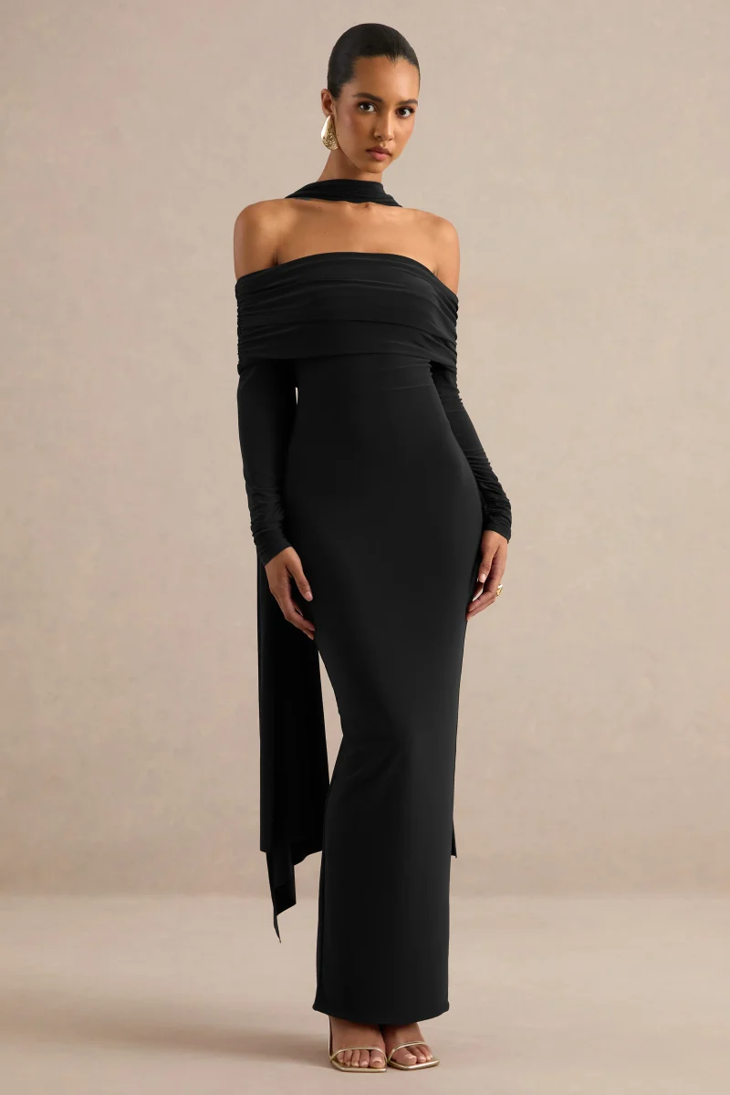 Julissa | Vestido Largo Negro De Escote Bardot Con Detalle De Pañuelo - Imagen 6