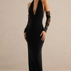 Maristela | Vestido Largo Negro Con Escote Halter Pronunciado
