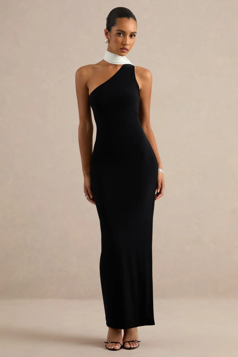 Lirienne | Vestido Largo Negro Y Blanco Con Escote Asimétrico Y Detalle De Fular - Imagen 6
