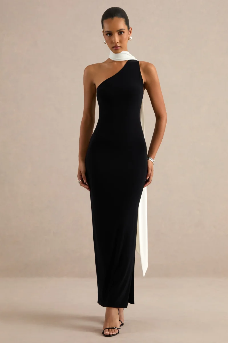 Lirienne | Vestido Largo Negro Y Blanco Con Escote Asimétrico Y Detalle De Fular