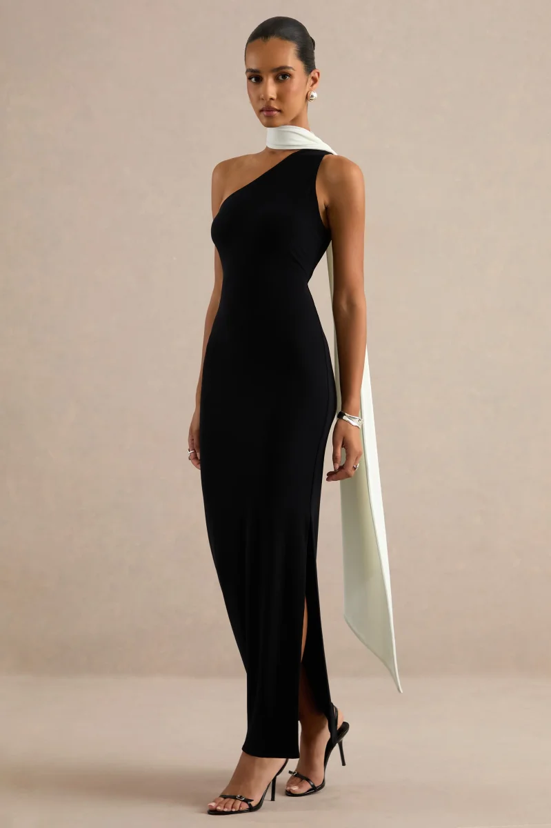 Lirienne | Vestido Largo Negro Y Blanco Con Escote Asimétrico Y Detalle De Fular - Imagen 5