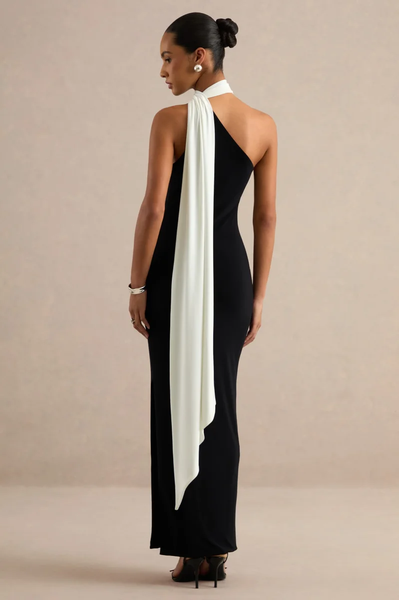 Lirienne | Vestido Largo Negro Y Blanco Con Escote Asimétrico Y Detalle De Fular - Imagen 3