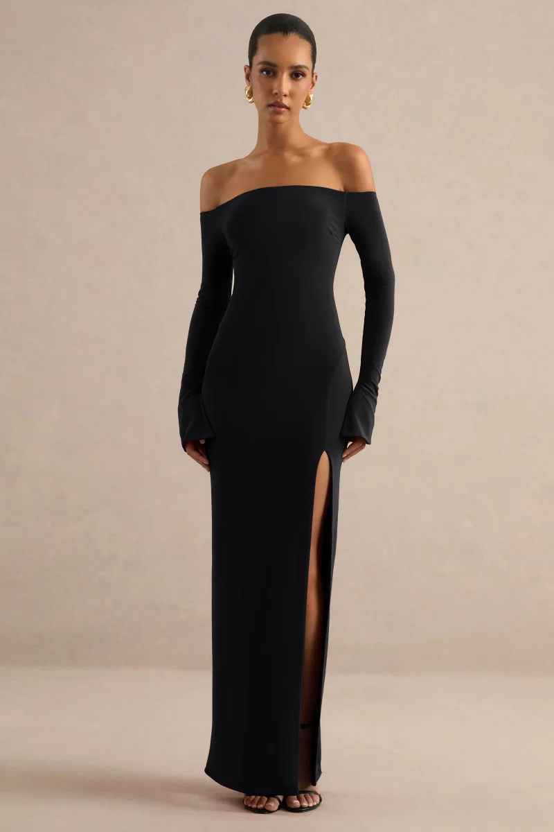 Liviae | Vestido Largo Negro Con Escote Bardot Y Mangas Acampanadas - Imagen 5