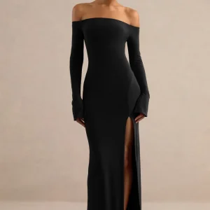 Liviae | Vestido Largo Negro Con Escote Bardot Y Mangas Acampanadas