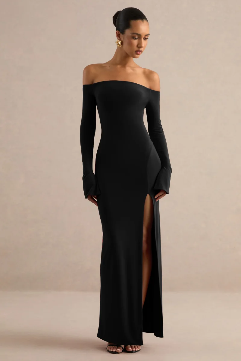 Liviae | Vestido Largo Negro Con Escote Bardot Y Mangas Acampanadas