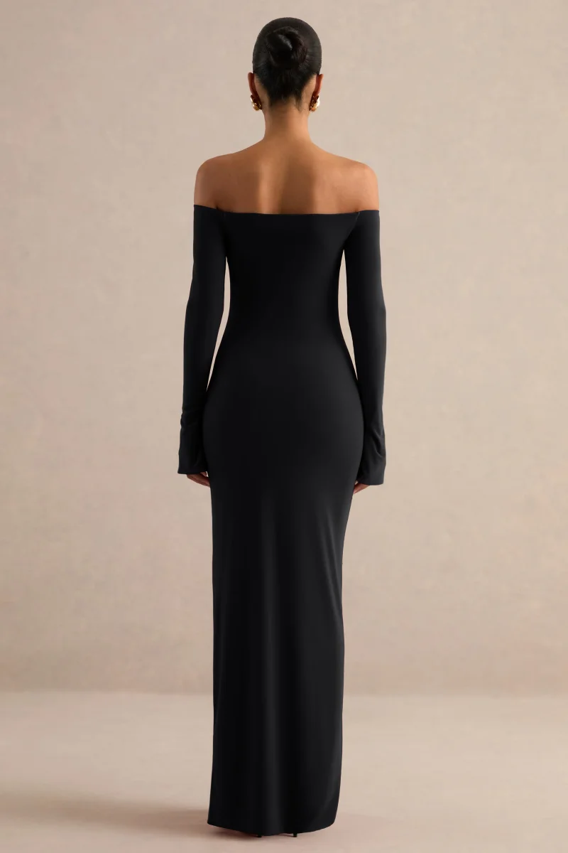 Liviae | Vestido Largo Negro Con Escote Bardot Y Mangas Acampanadas - Imagen 3