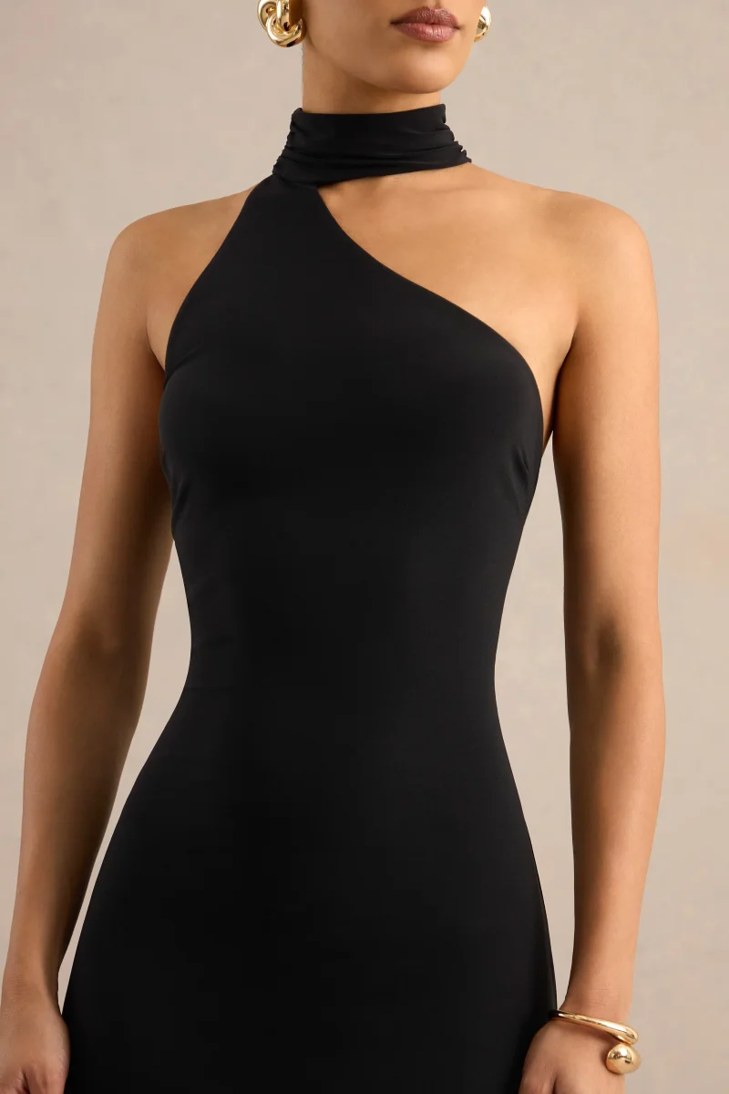 Maebelle | Vestido largo negro con escote asimétrico y detalle de cuello - Imagen 7