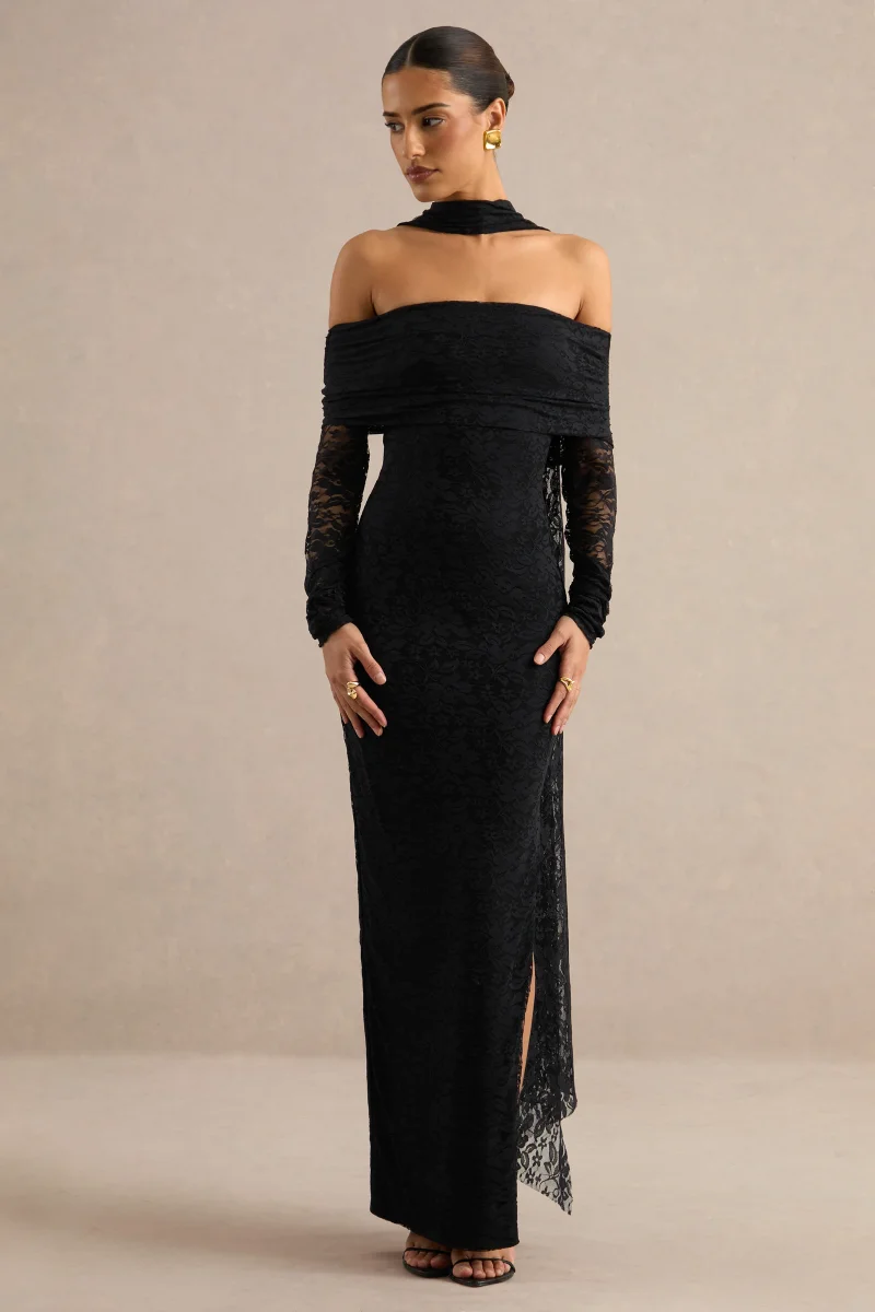 Maelora | Vestido largo negro de encaje con escote Bardot y detalle de fular - Imagen 6