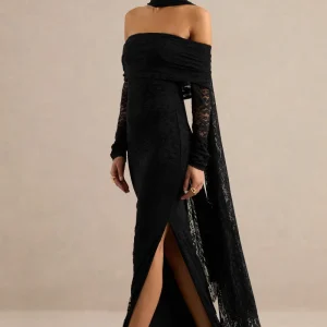 Maelora | Vestido largo negro de encaje con escote Bardot y detalle de fular