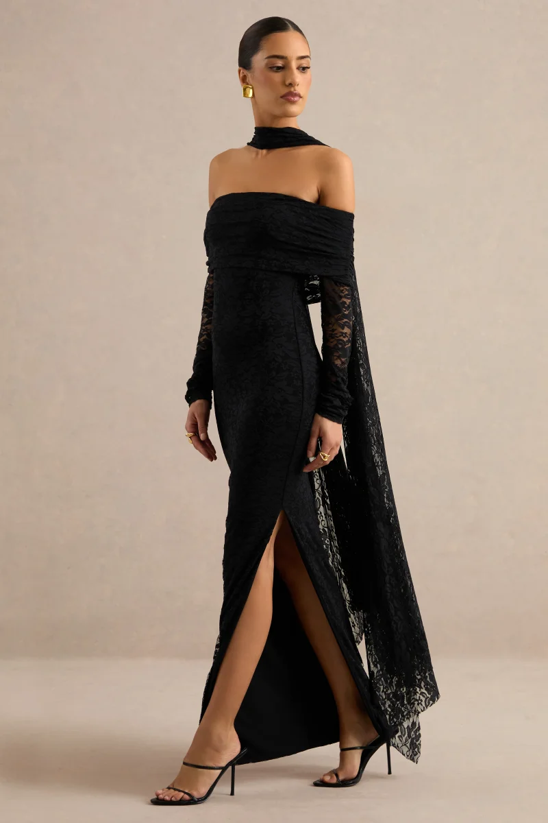 Maelora | Vestido largo negro de encaje con escote Bardot y detalle de fular