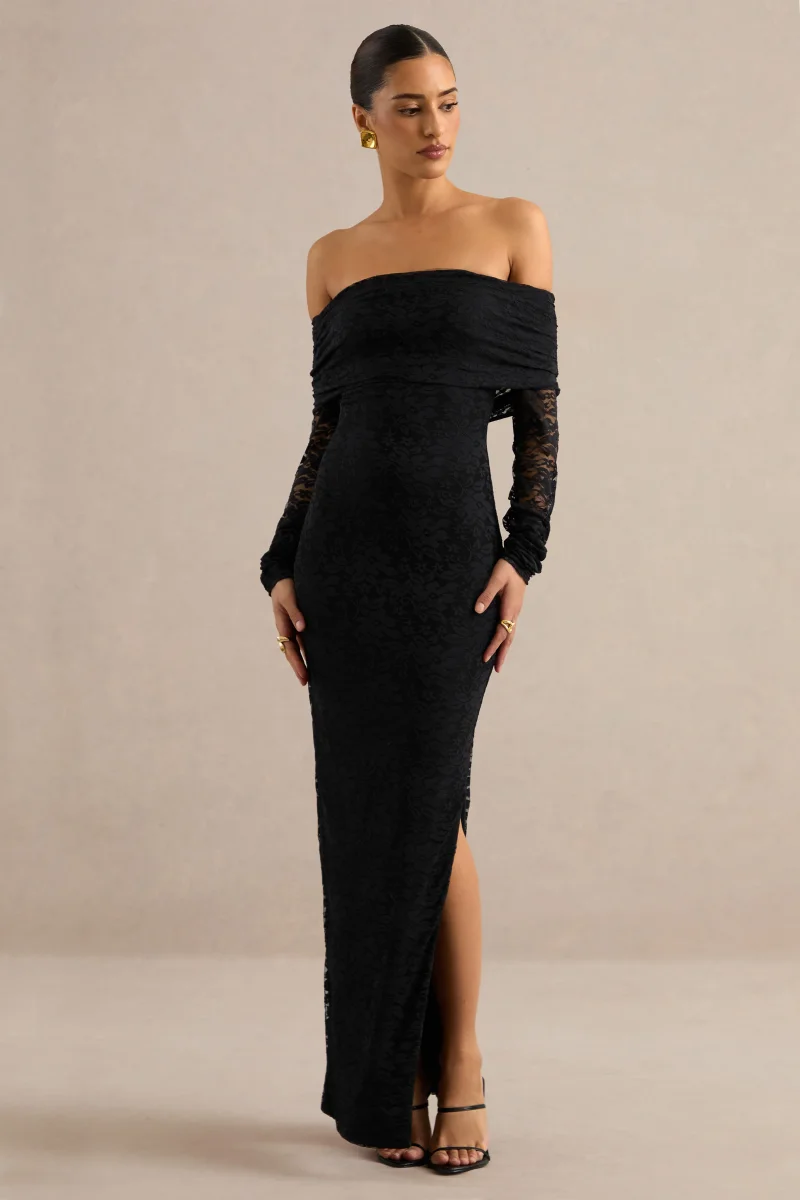 Maelora | Vestido largo negro de encaje con escote Bardot y detalle de fular - Imagen 4