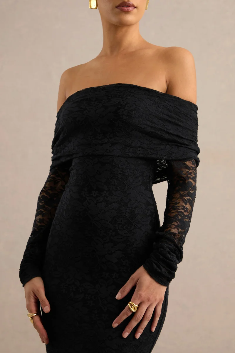 Maelora | Vestido largo negro de encaje con escote Bardot y detalle de fular - Imagen 5