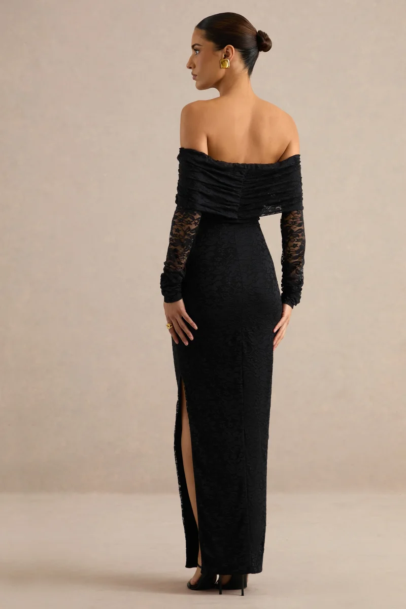 Maelora | Vestido largo negro de encaje con escote Bardot y detalle de fular - Imagen 3