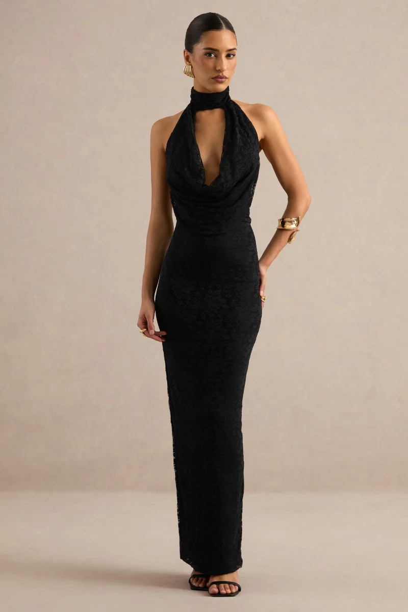 Magda | Vestido largo negro de encaje con escote drapeado de pronunciado escote en V y detalle de cuello - Imagen 6