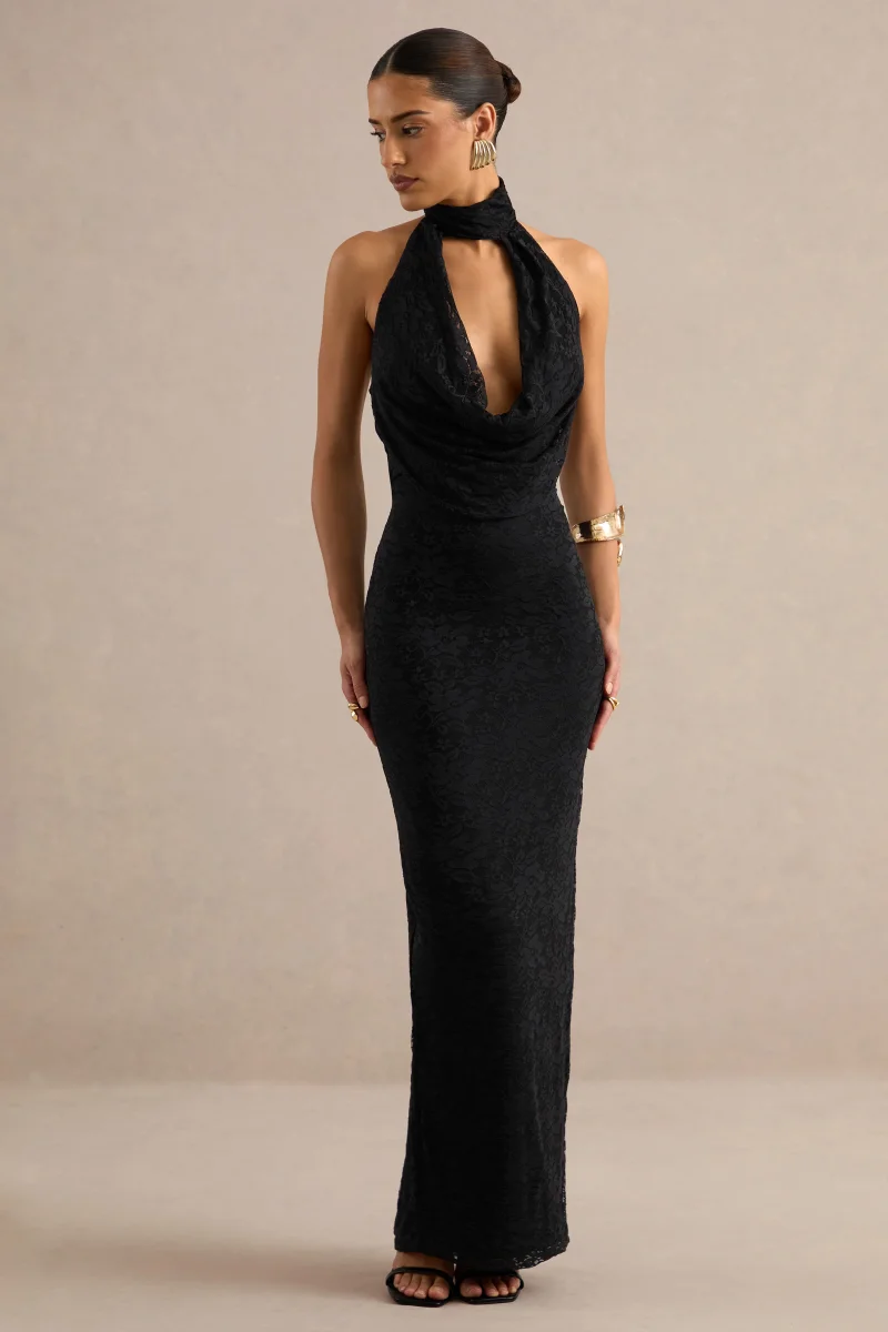 Magda | Vestido largo negro de encaje con escote drapeado de pronunciado escote en V y detalle de cuello - Imagen 4