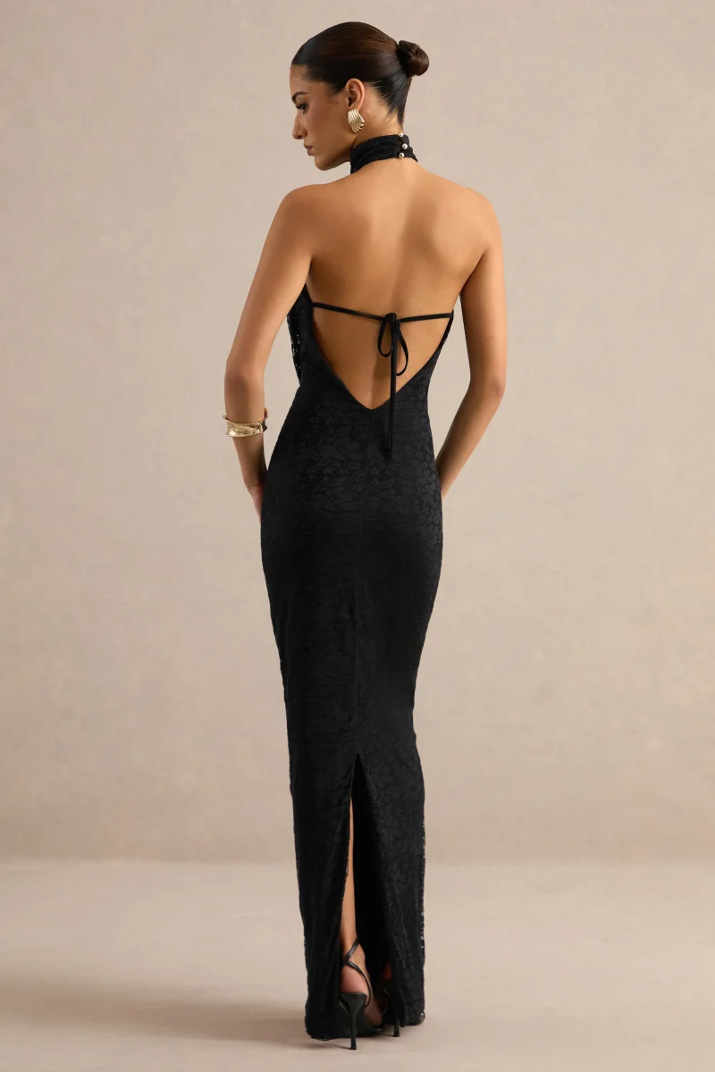 Magda | Vestido largo negro de encaje con escote drapeado de pronunciado escote en V y detalle de cuello - Imagen 3