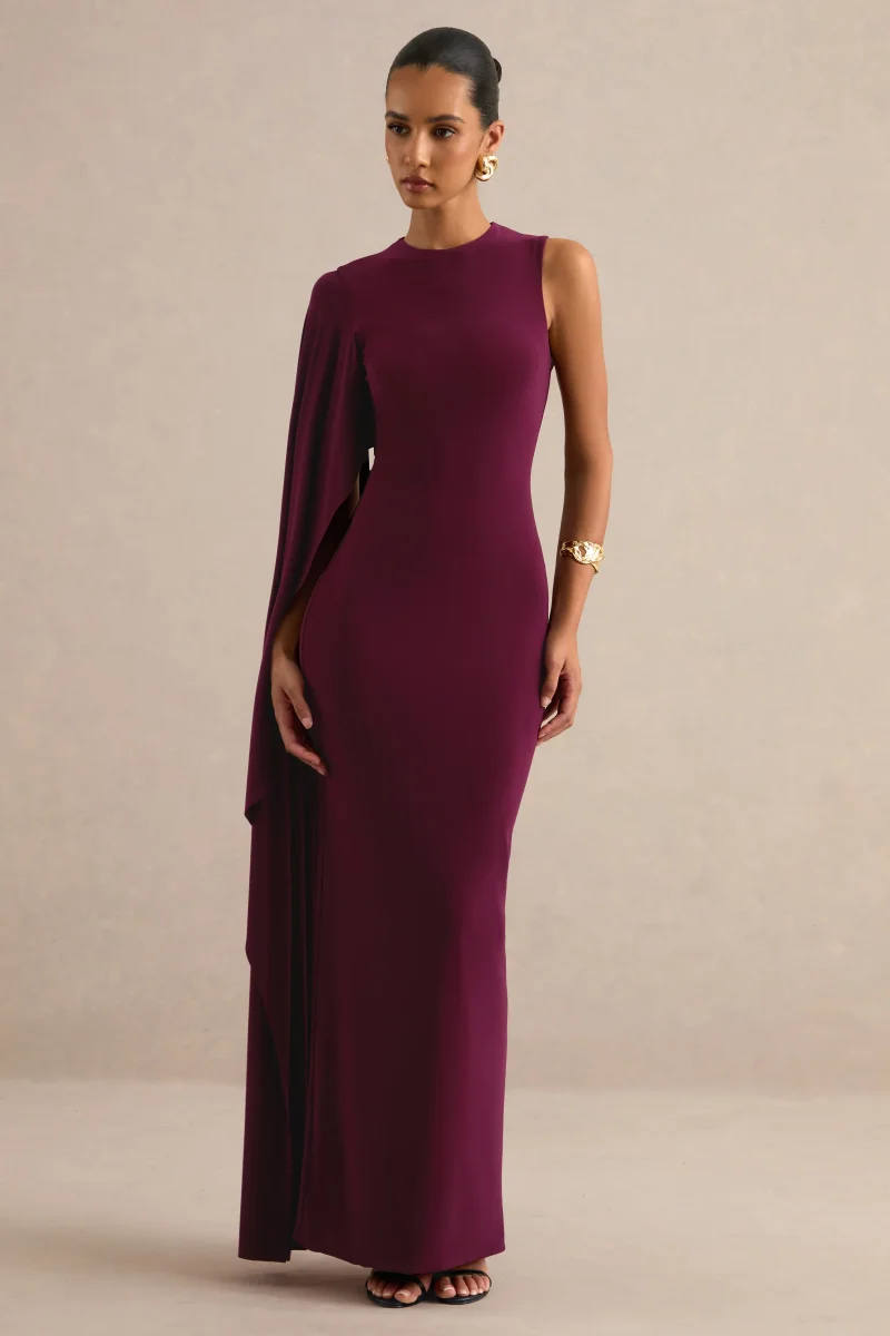 Maravelle | Vestido Largo Burdeos Con Cuello Redondo Y Capa De Una Manga - Imagen 6