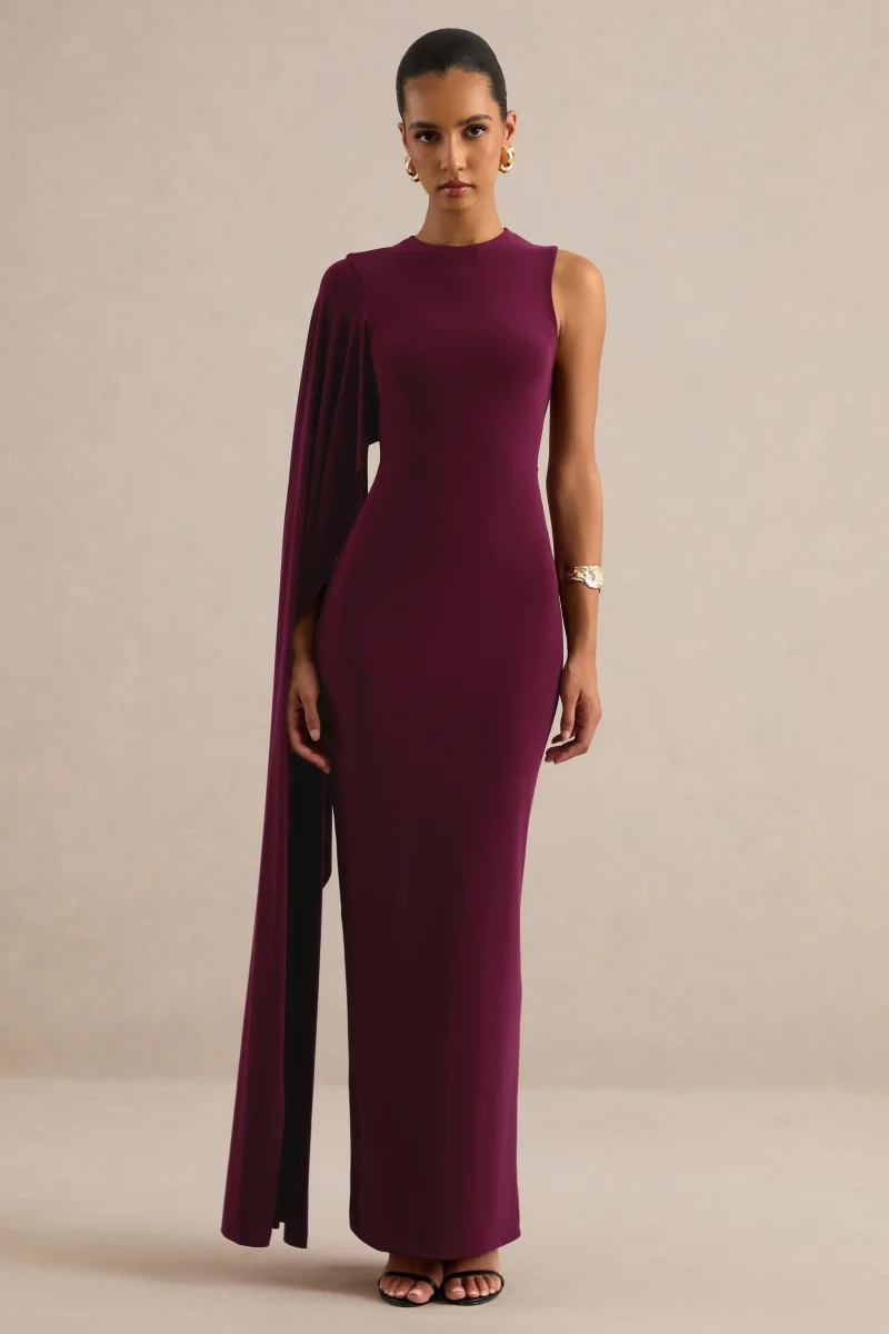 Maravelle | Vestido Largo Burdeos Con Cuello Redondo Y Capa De Una Manga - Imagen 4