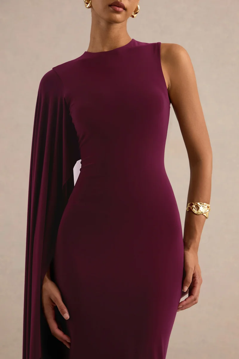 Maravelle | Vestido Largo Burdeos Con Cuello Redondo Y Capa De Una Manga - Imagen 5