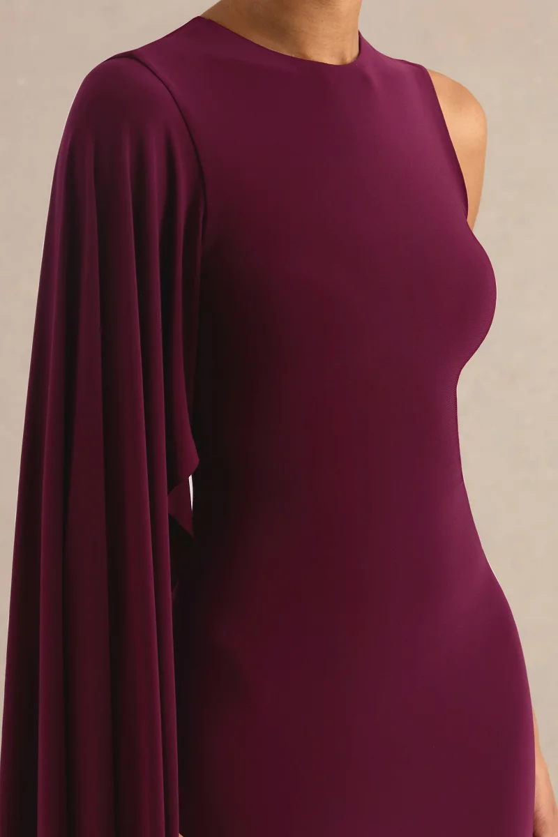 Maravelle | Vestido Largo Burdeos Con Cuello Redondo Y Capa De Una Manga - Imagen 7