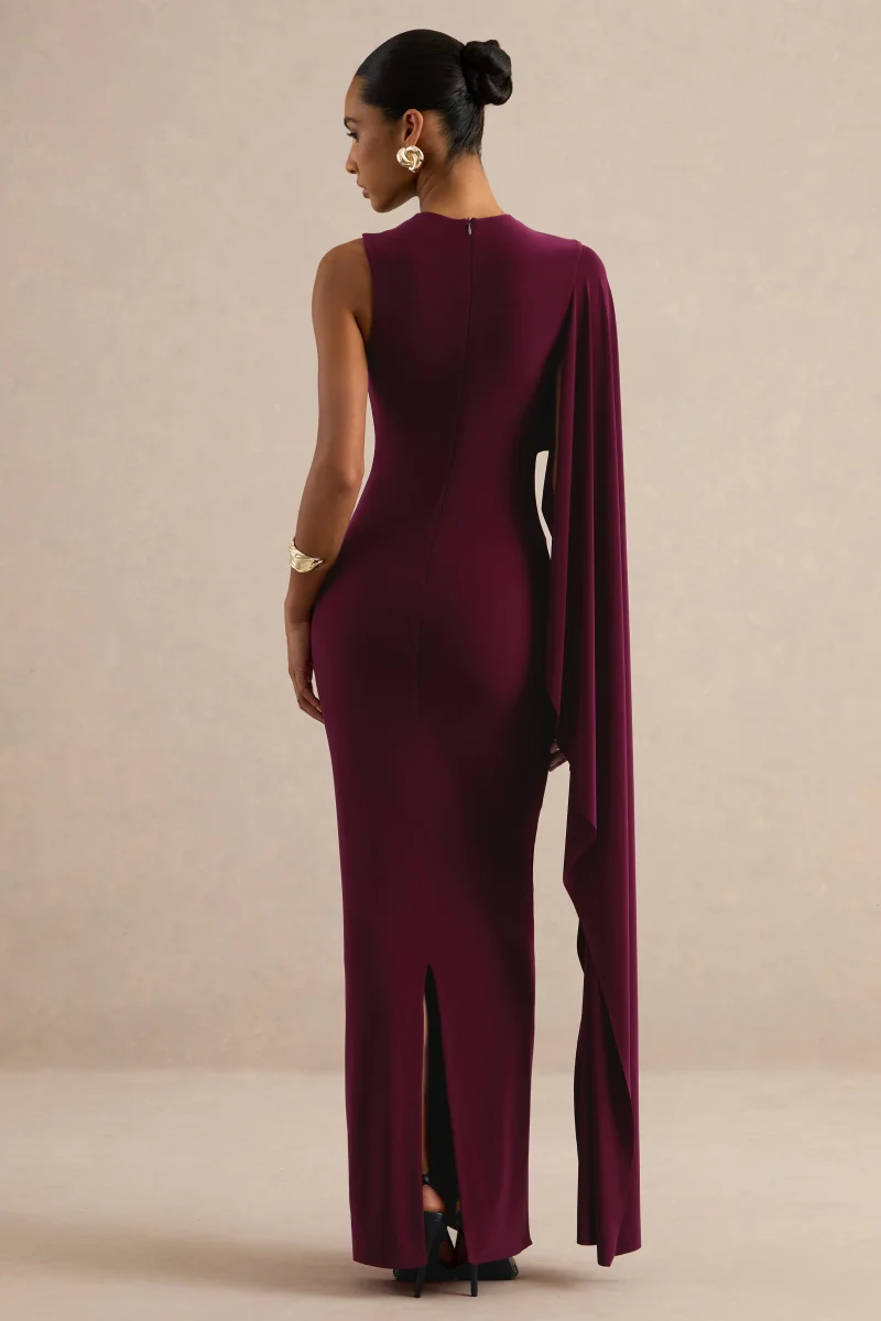 Maravelle | Vestido Largo Burdeos Con Cuello Redondo Y Capa De Una Manga - Imagen 3