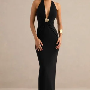 Maribelia | Vestido largo negro con escote extremadamente pronunciado y detalle dorado