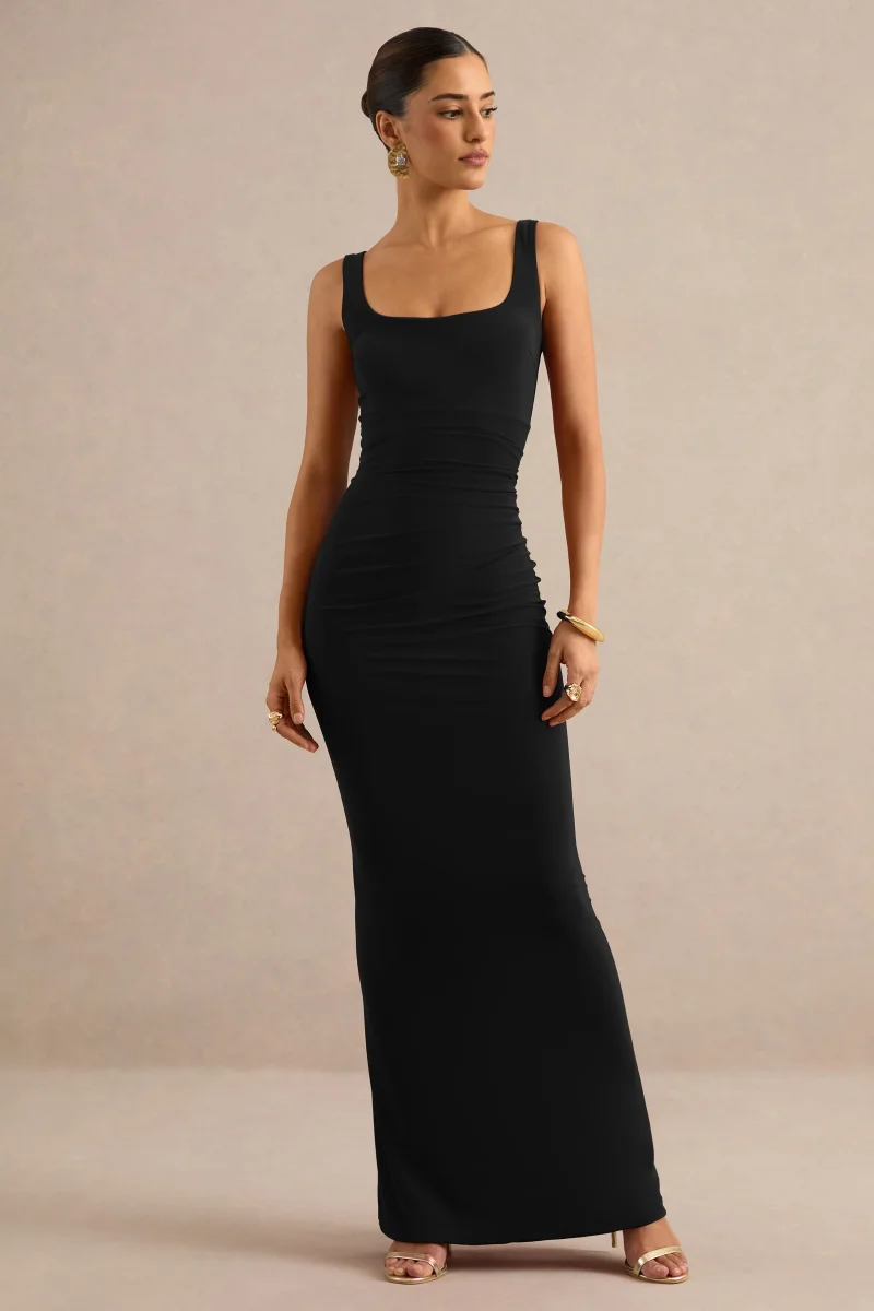 Elif | Vestido Largo Negro Con Escote Cuadrado Y Detalle Drapeado - Imagen 6