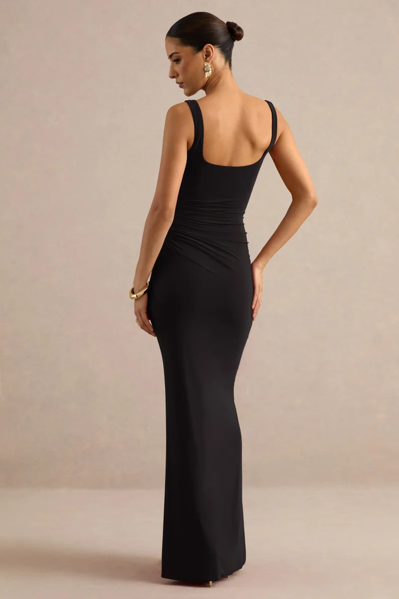 Elif | Vestido Largo Negro Con Escote Cuadrado Y Detalle Drapeado - Imagen 3