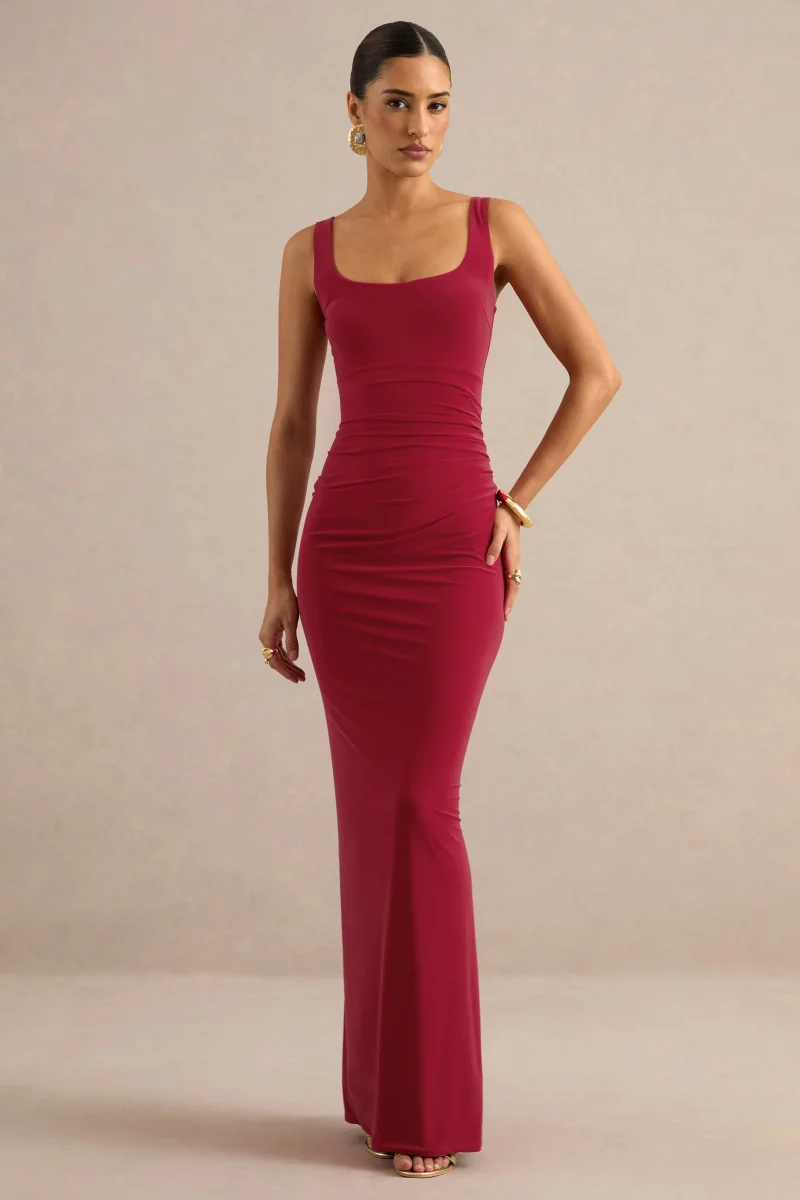 Elif | Vestido Largo Rojo De Cuello Cuadrado Con Detalles Drapeados - Imagen 6