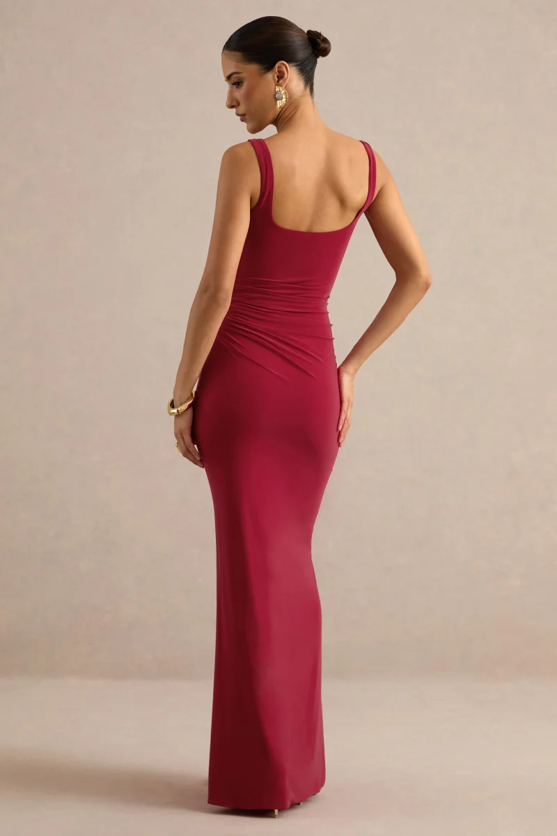 Elif | Vestido Largo Rojo De Cuello Cuadrado Con Detalles Drapeados - Imagen 3