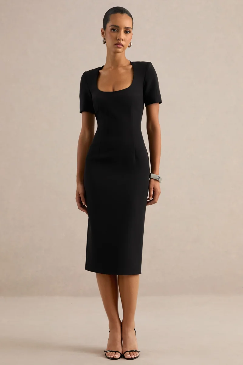 Elisiae | Vestido midi en negro con escote redondo amplio - Imagen 2