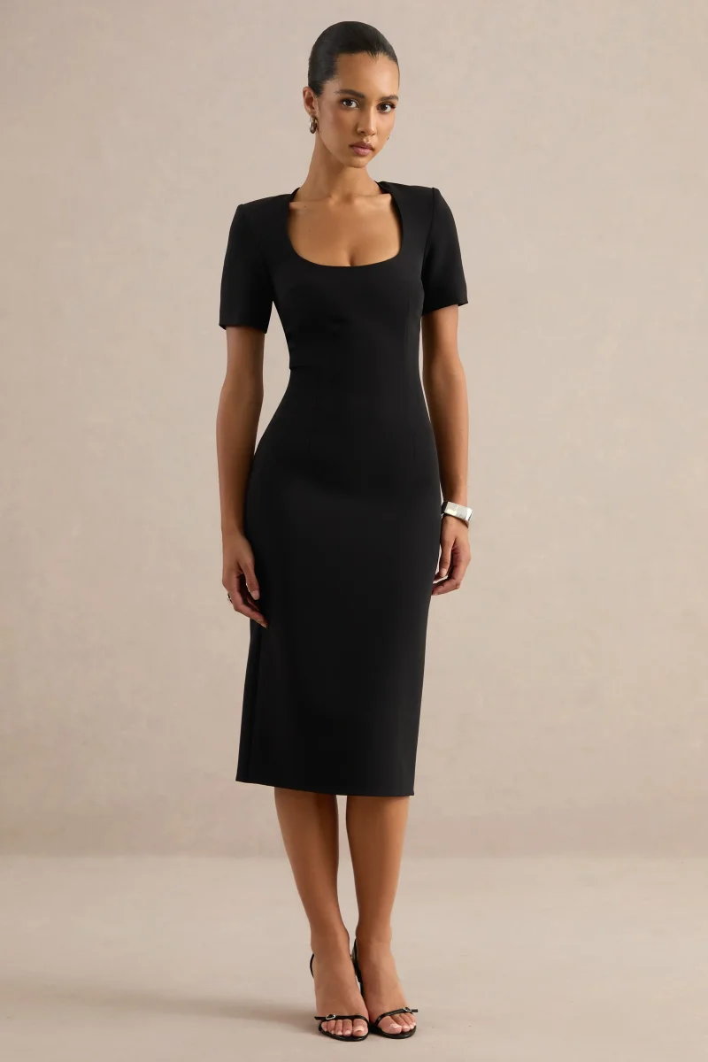 Elisiae | Vestido midi en negro con escote redondo amplio - Imagen 6