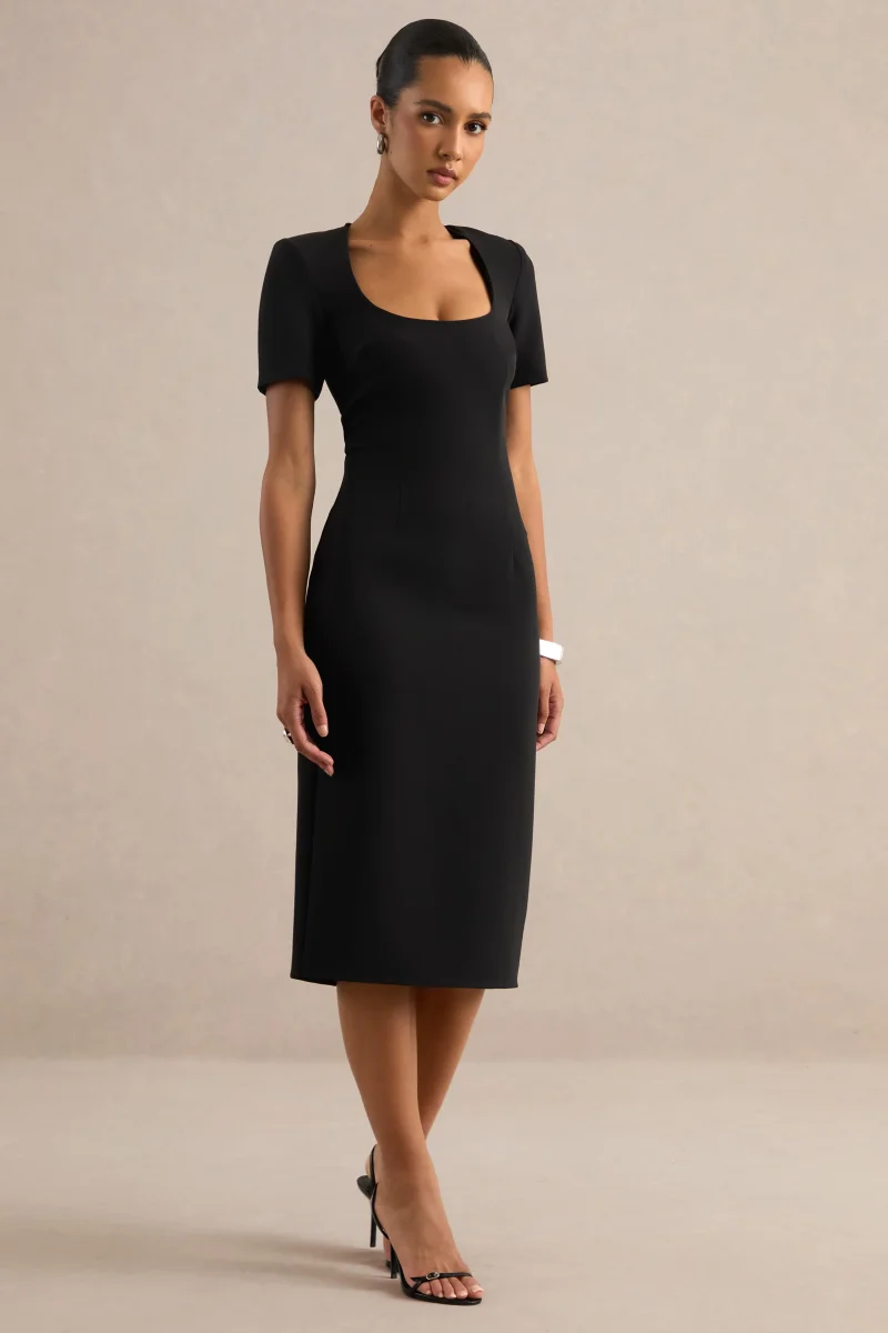 Elisiae | Vestido midi en negro con escote redondo amplio - Imagen 4