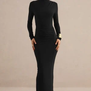 Erienne | Vestido Largo Negro De Cuello Alto Con Detalles Fruncidos