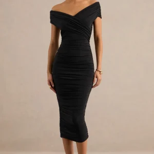Evanthe | Vestido Midi Negro Cruzado Con Escote Bardot