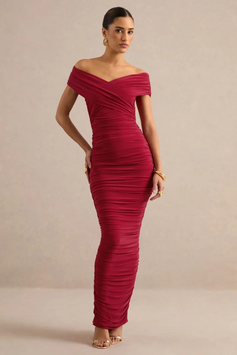 Evelora | Vestido Largo Rojo De Escote Bardot Cruzado Con Detalles Fruncidos - Imagen 2