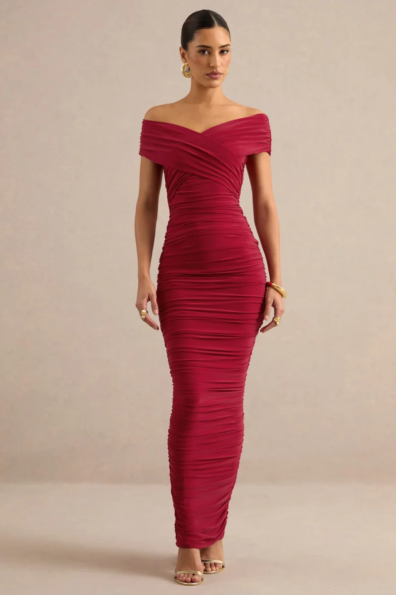 Evelora | Vestido Largo Rojo De Escote Bardot Cruzado Con Detalles Fruncidos - Imagen 6