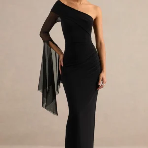 Evony | Vestido Largo Negro Con Escote Asimétrico Y Capa Transparente De Una Manga