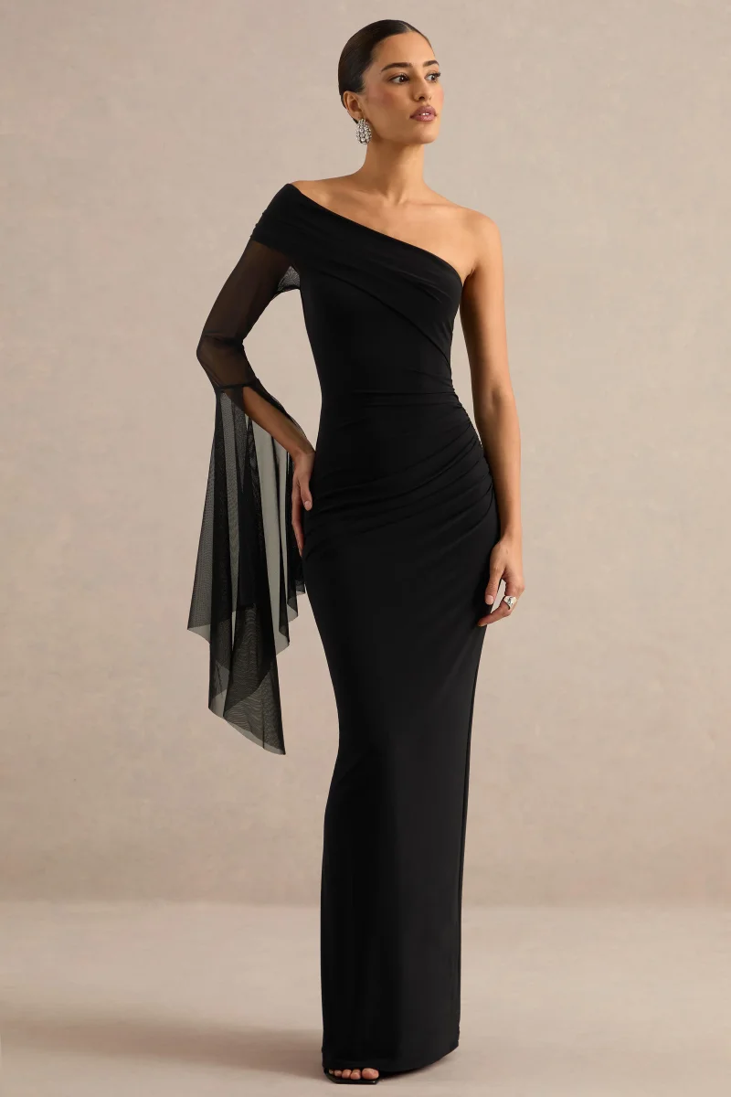 Evony | Vestido Largo Negro Con Escote Asimétrico Y Capa Transparente De Una Manga - Imagen 2