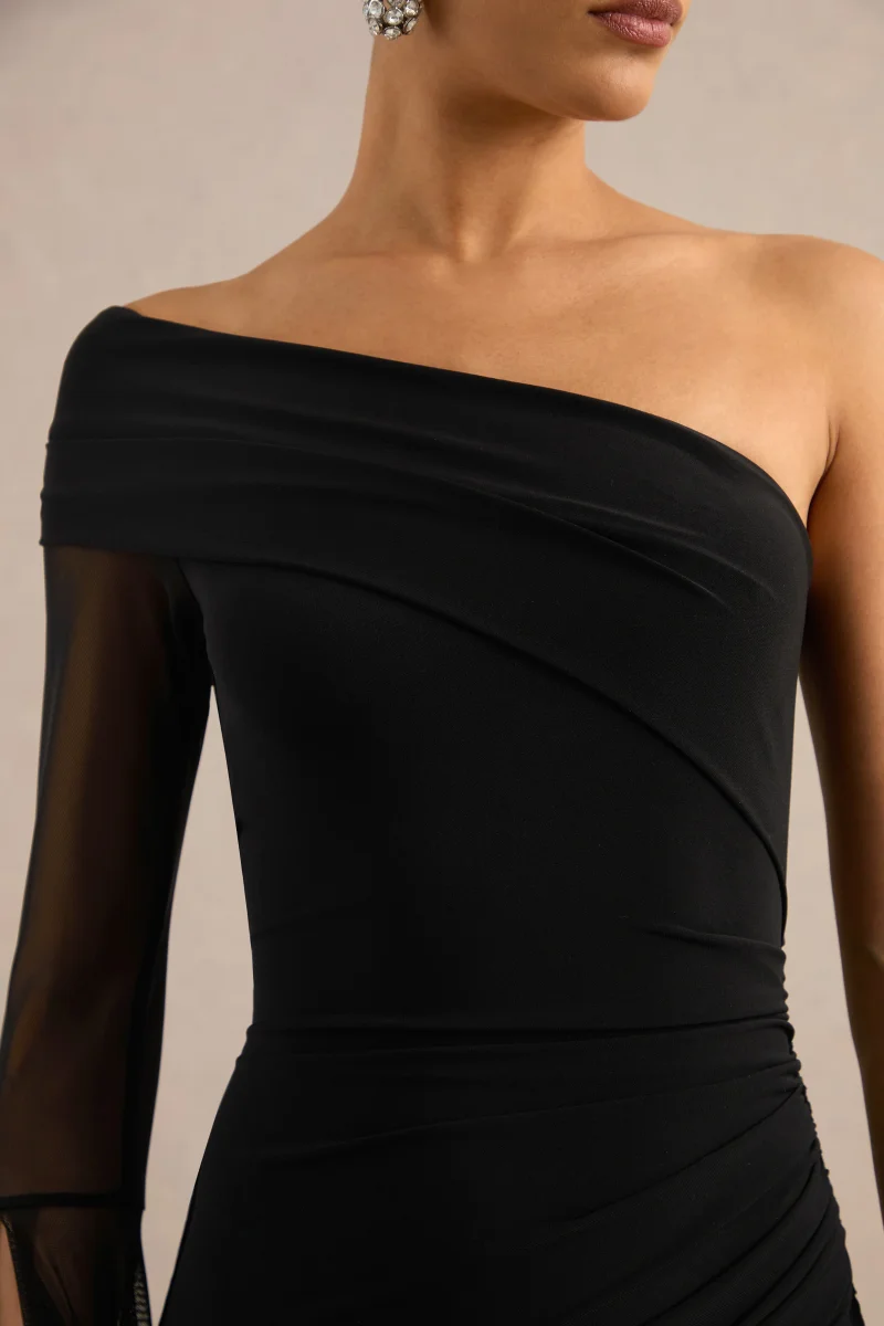 Evony | Vestido Largo Negro Con Escote Asimétrico Y Capa Transparente De Una Manga - Imagen 7
