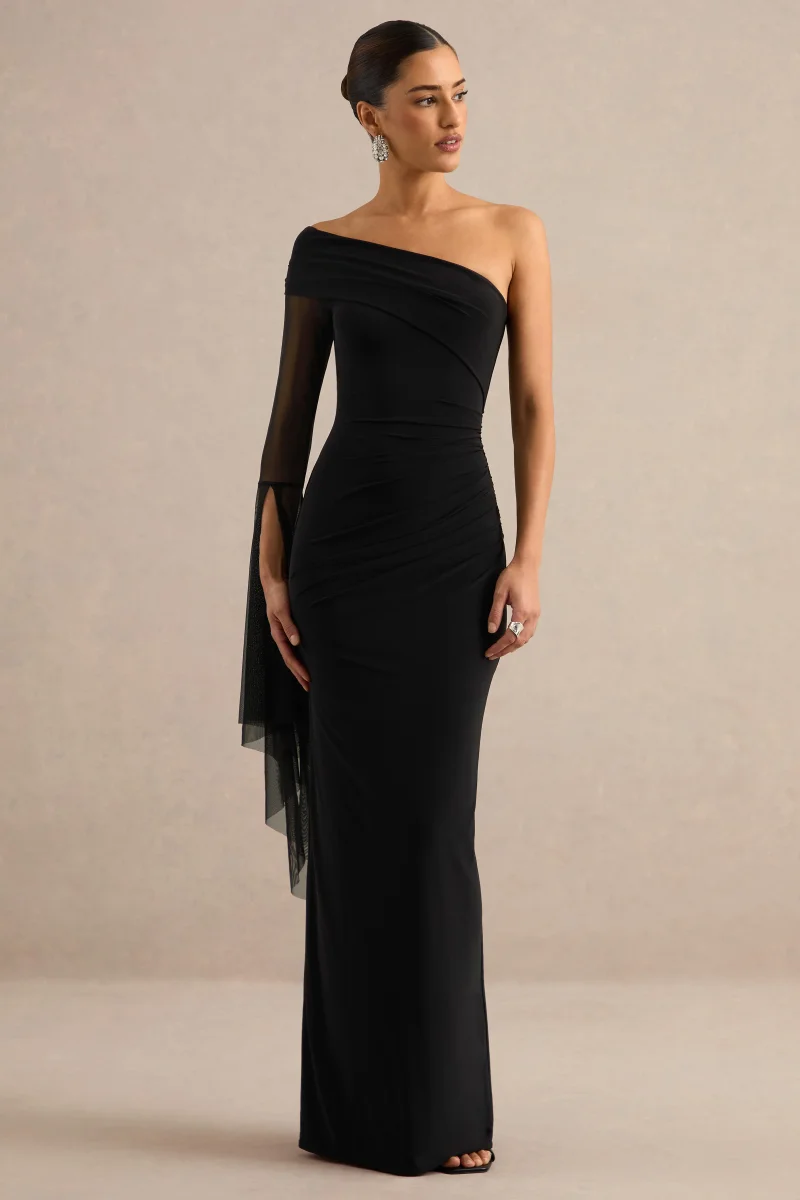 Evony | Vestido Largo Negro Con Escote Asimétrico Y Capa Transparente De Una Manga - Imagen 4