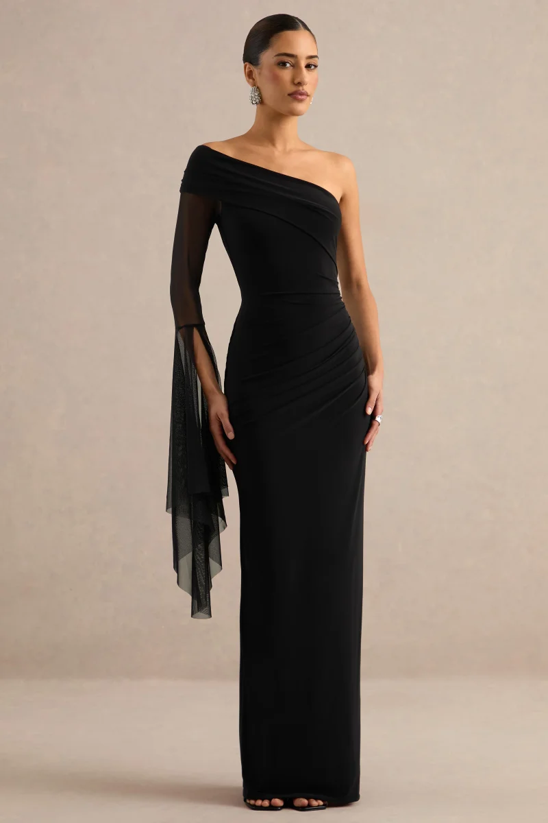Evony | Vestido Largo Negro Con Escote Asimétrico Y Capa Transparente De Una Manga - Imagen 6