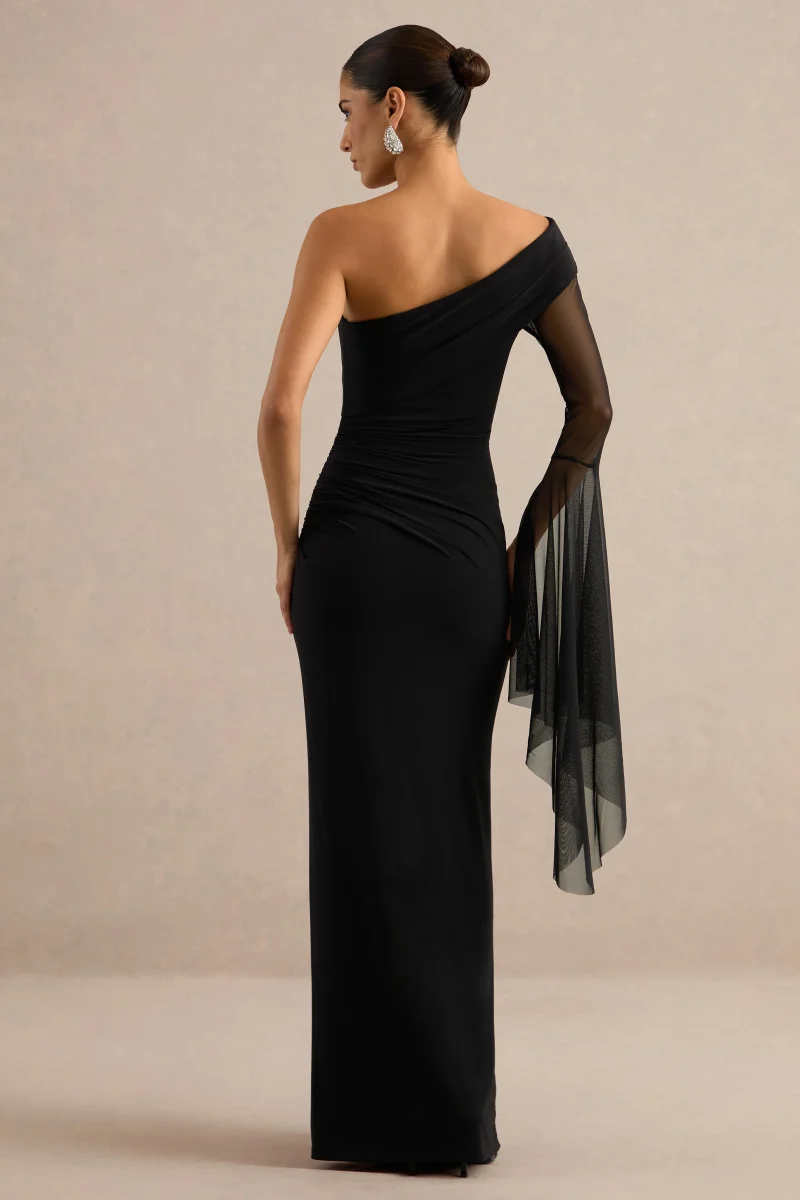 Evony | Vestido Largo Negro Con Escote Asimétrico Y Capa Transparente De Una Manga - Imagen 3