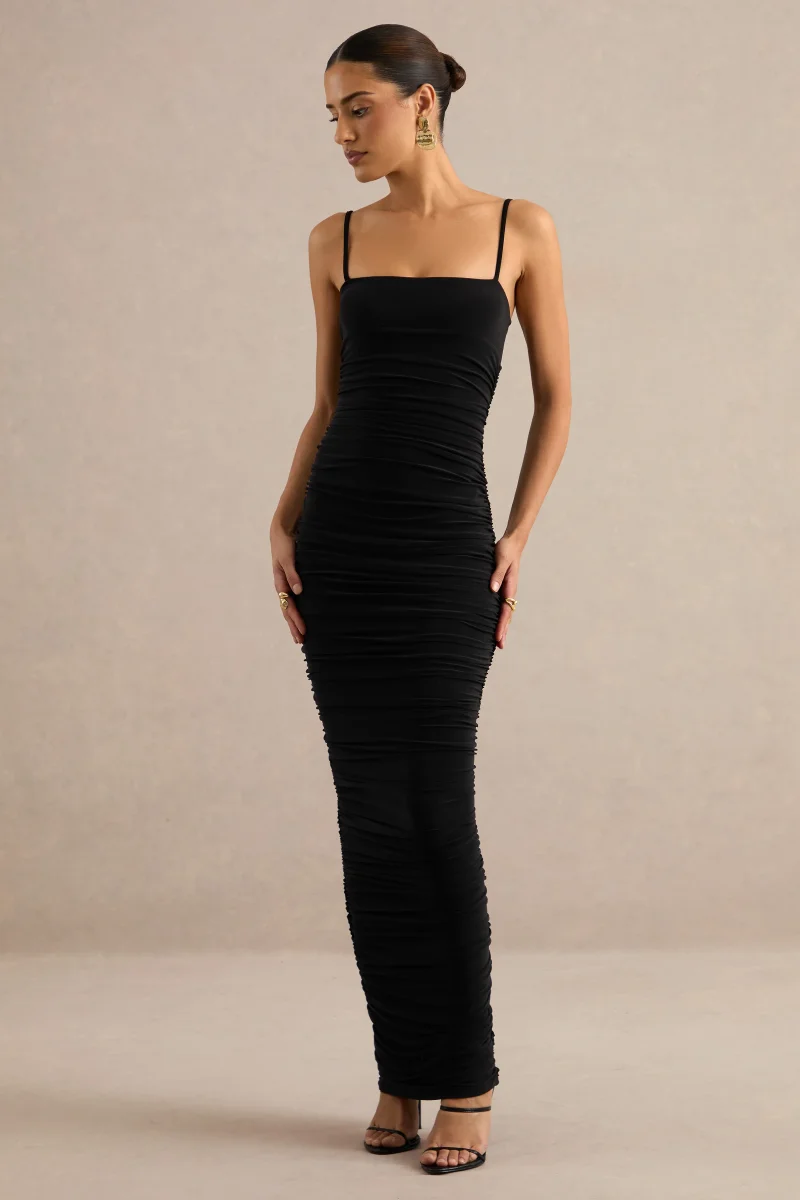 Faina | Vestido Largo Negro Fruncido Con Escote Cuadrado - Imagen 5