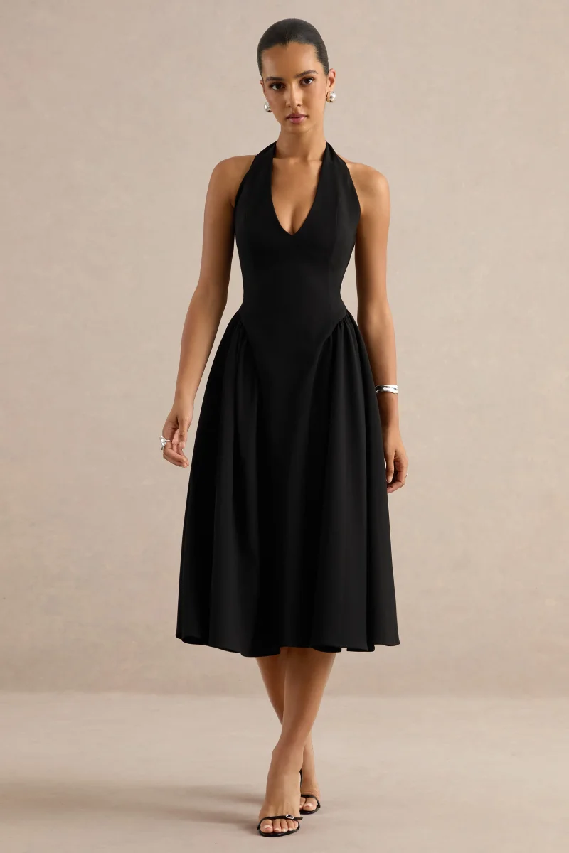 Mirel | Vestido midi en negro con cuello halter